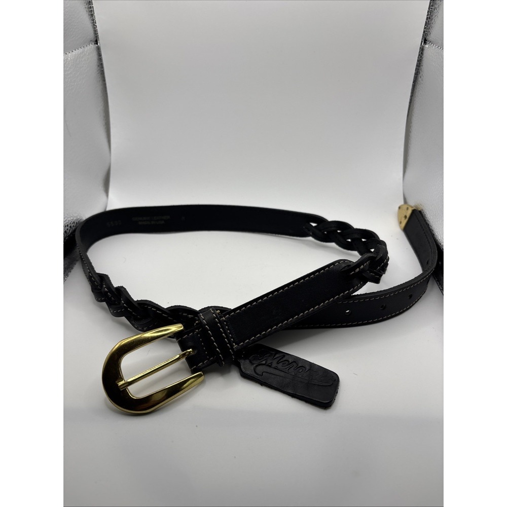 Merona Black Leather Braided Belt Womens Sz M Gold Buckle Tip USA Vintage 90's